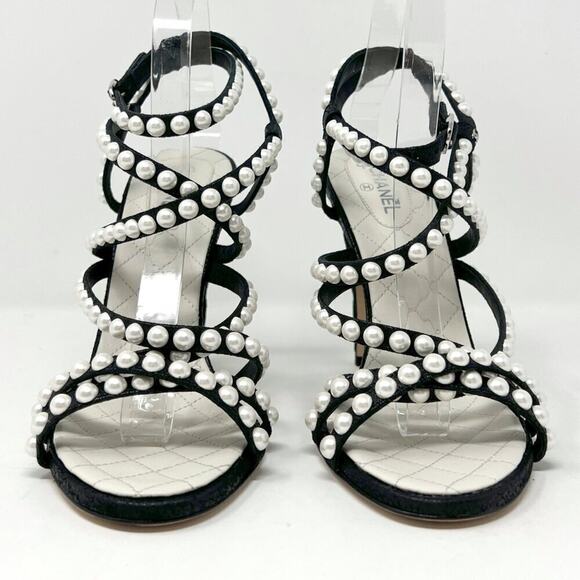 Chanel Black Pearl Strappy Heels EU 39 US 8.5–9 Cracked Leather Sandals - Picture 4 of 11